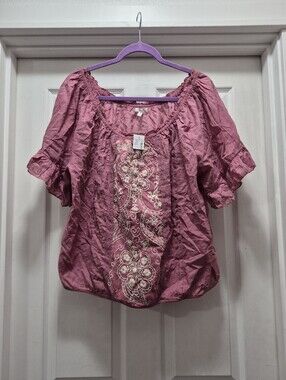 Maurices Rose Pink Embroidered Peasant Blouse